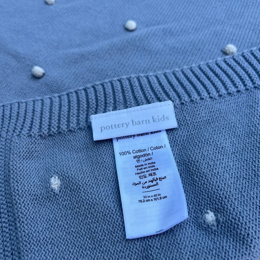 Pottery Barn Kids Blanket Throw Baby Blanket Blue Knit White Dot 100% Cotton
